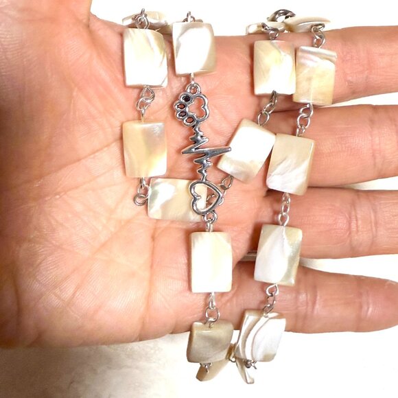 Rectangular Mother of Pearl Beaded Short Necklace + Paw Print Heart Beat Pendant - Picture 14 of 14